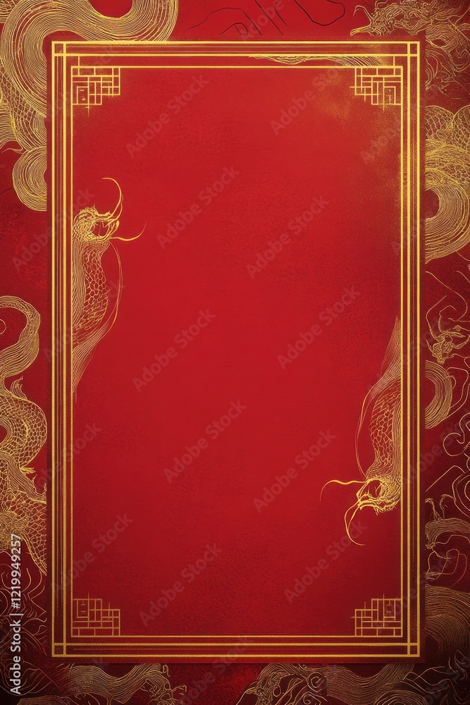 Golden Dragons and Red Festive Frame: Elegant Asian Art Golden Dragons and Red Festive Frame: Elegant Asian Art