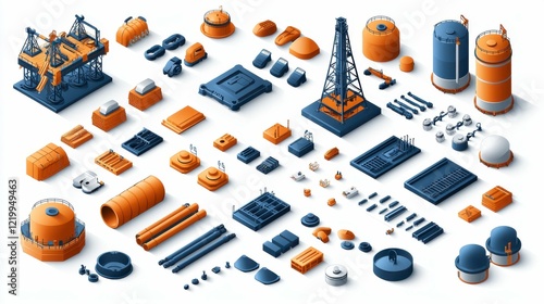 Oil industry silhouette icons collection with symbols like drilling rigs, pipelines, tanks, and refinery facilities for energy and petrochemical production in vector style. photo