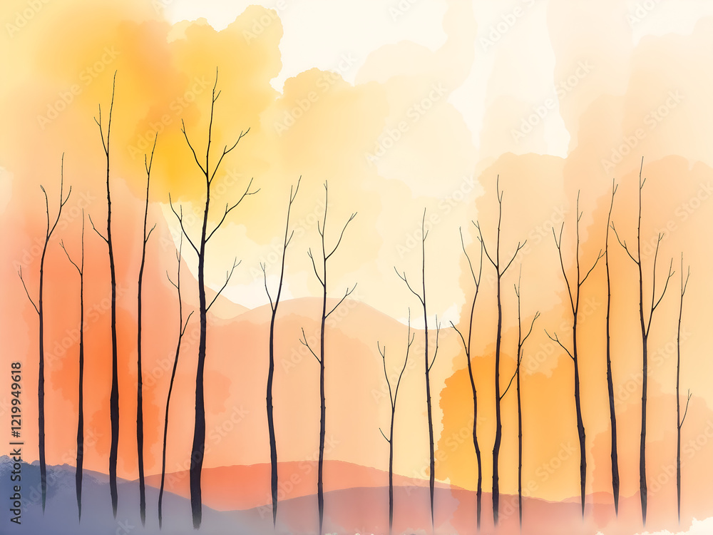 Obraz premium A beautiful watercolor painting of a sunset with trees, perfect for artistic and scenic concepts. Generative AI