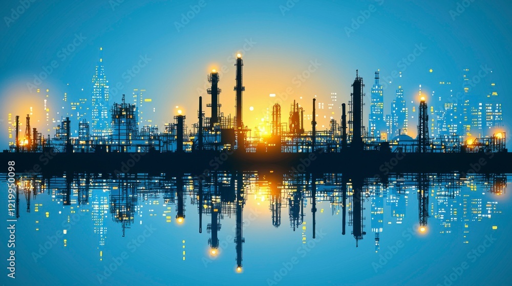 Fototapeta premium A professional vector set of oil industry silhouette icons featuring oil refineries, drilling rigs, pipelines, storage tanks, and other key elements of the petroleum sector.