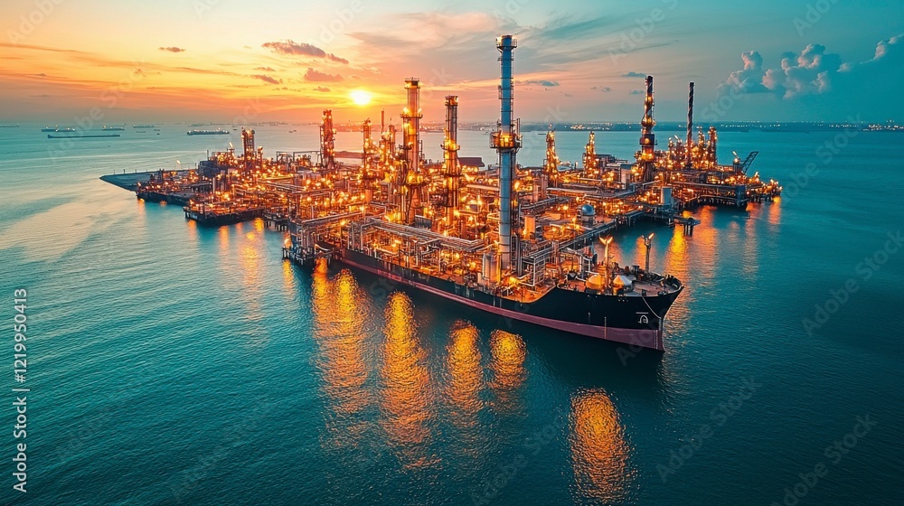 Fototapeta premium A high-quality aerial shot of an oil refinery in Southampton UK taken at dawn with sunlight reflecting off the structures and expansive refinery facilities visible from above.