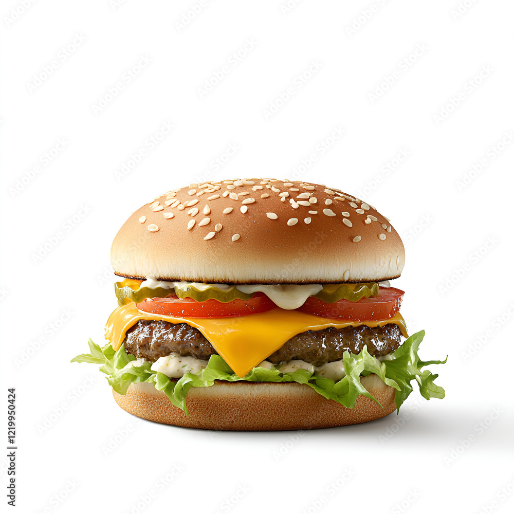 Juicy cheeseburger with sesame seed bun, lettuce, tomato, pickles, and melted cheese. Juicy cheeseburger with sesame seed bun, lettuce, tomato, pickles, and melted cheese.