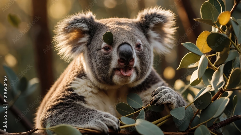 Fototapeta premium Close-up of a koala perched on eucalyptus branches, surrounded by a lush forest backdrop, enjoying its habitat