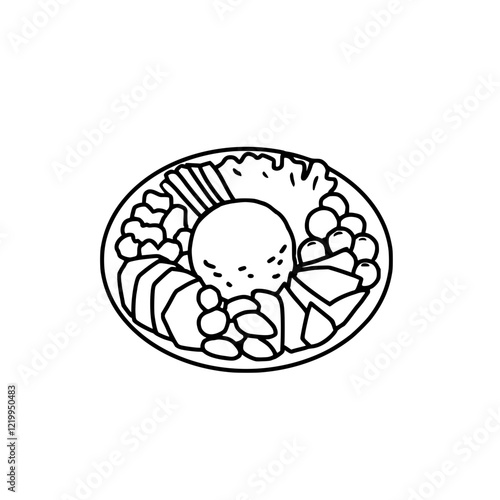 Vector illustration of a plate filled with healthy food, including rice, vegetables, nuts, and fruits, symbolizing balanced nutrition and healthy eating
