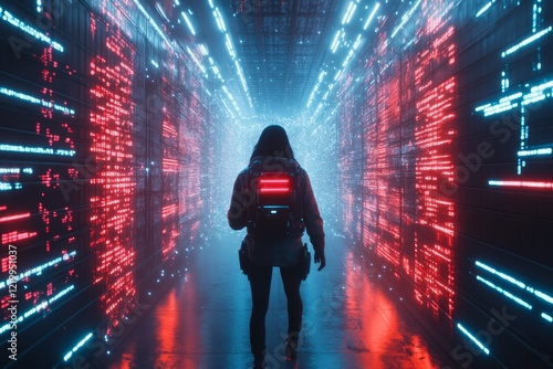 A cyberpunk-themed scene of a person nervously navigating through a neon-lit street filled with holographic projections, their body language tense as they avoid robotic enforcers photo