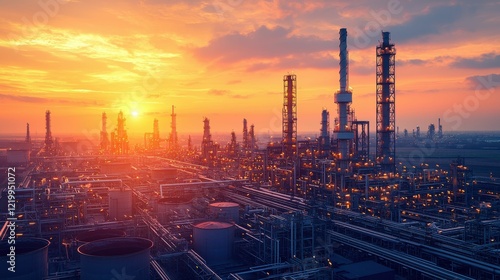 A sunrise aerial view of an oil refinery in Southampton UK, with refinery towers, storage tanks, and pipelines illuminated by the soft glow of the early morning light.
