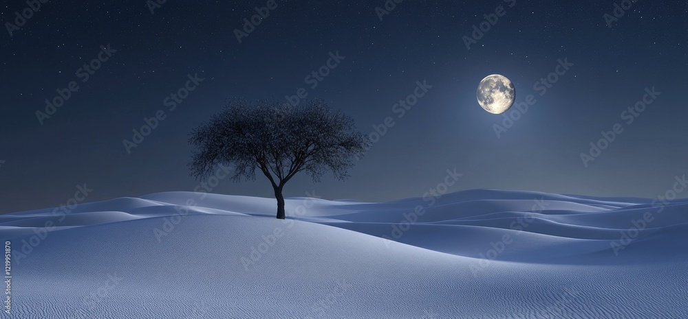 Lone tree, moonlit desert, night sky, serene landscape Lone tree, moonlit desert, night sky, serene landscape