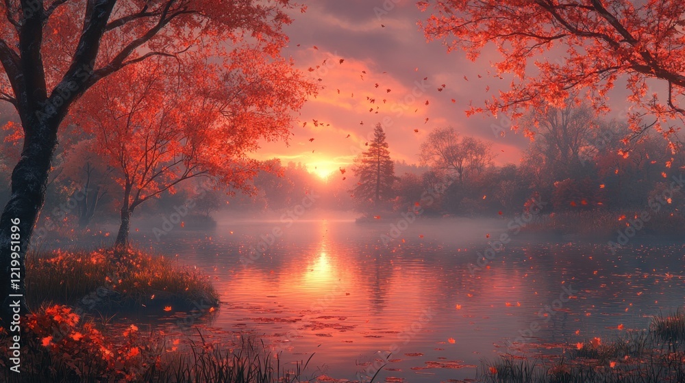 Serene autumn sunset over misty lake. Serene autumn sunset over misty lake.