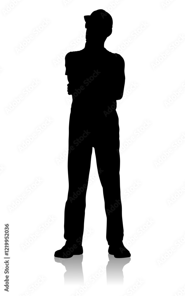 Silhouette of a Thoughtful Construction Worker in Safety Gear and Safety Glasses with Hand on Chin. Vector Flat Style Illustration Isolated On White Silhouette of a Thoughtful Construction Worker in Safety Gear and Safety Glasses with Hand on Chin. Vector Flat Style Illustration Isolated On White