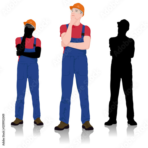 Construction Worker and Silhouette Variations in Safety Gear and Safety Glasses in a Thoughtful Pose. Vector Flat Style Illustration Isolated On White