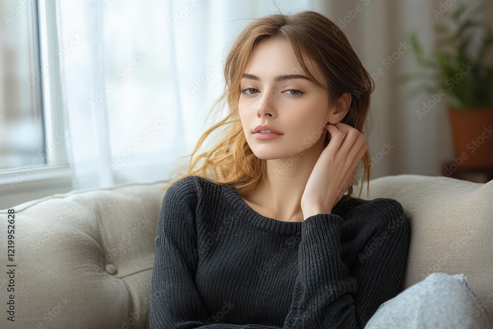 Asian young woman suffering from acid reflux with chest pain and heartburn symptoms while seated on a sofa in a serene indoor scene Asian young woman suffering from acid reflux with chest pain and heartburn symptoms while seated on a sofa in a serene indoor scene