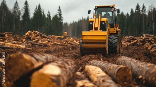 Heavy machinery operator operating a specialized tree harvester in a dense forest setting photo