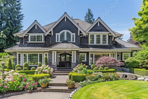 Luxury family home with beautifully landscaped gardens. Gray siding, white trim, and a grand entrance create a stunning curb appeal. photo