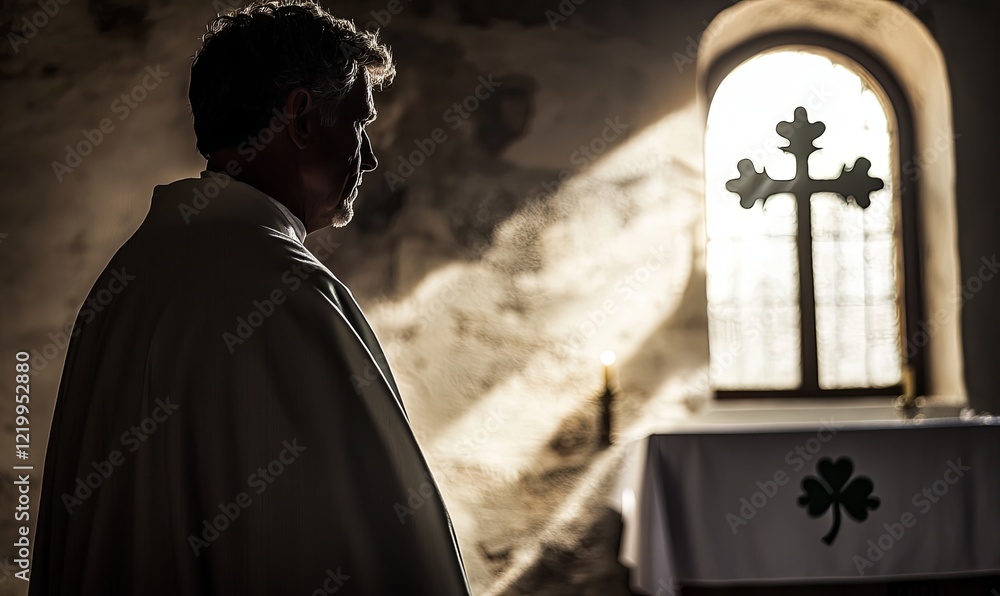 Naklejka premium Priest praying in old chapel with cross window, sunlight beam, spiritual moment