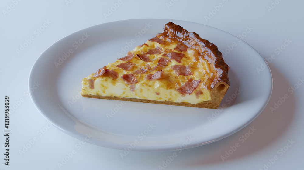 Savory slice of quiche with crispy bacon topping, served on a white plate. Delicious breakfast or brunch option. Savory slice of quiche with crispy bacon topping, served on a white plate. Delicious breakfast or brunch option.