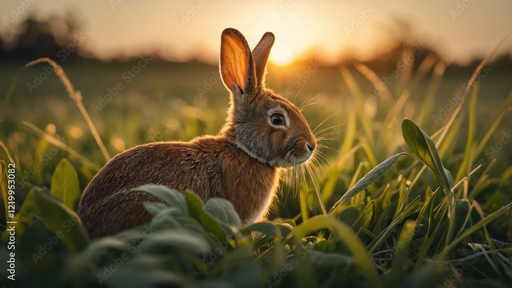 Fototapeta premium A serene rabbit sitting in a lush green field during sunset, with soft sunlight illuminating the scene