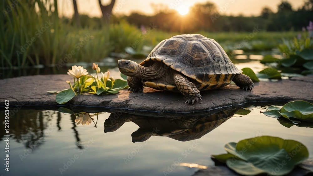 Obraz premium A serene tortoise basking on a rock surrounded by lily pads at sunset in a tranquil pond