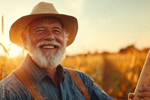 A farmer standing in a field of crops, their hands resting on a wooden hoe, their expression filled with gratitude for a bountiful harvest photo