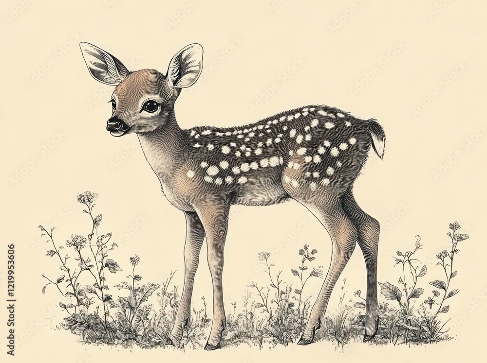 Intricate Ink Illustration of a Fawn with Delicate Plant Life on Beige Background Intricate Ink Illustration of a Fawn with Delicate Plant Life on Beige Background