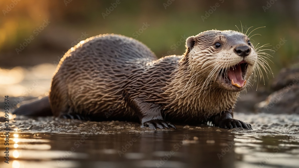 Playful otter emerging from water at sunset, surrounded by lush greenery and gentle ripples Playful otter emerging from water at sunset, surrounded by lush greenery and gentle ripples