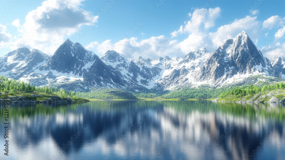 Serene mountain landscape with reflective lake. Serene mountain landscape with reflective lake.