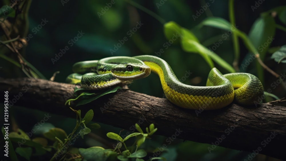 Obraz premium A vibrant green snake resting on a branch amidst lush foliage in a tropical forest setting