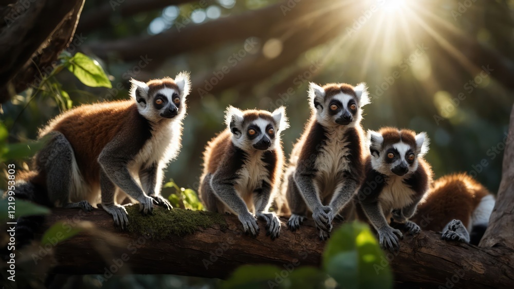 Obraz premium A group of four lemurs perched on a tree branch in a lush forest, illuminated by sunlight