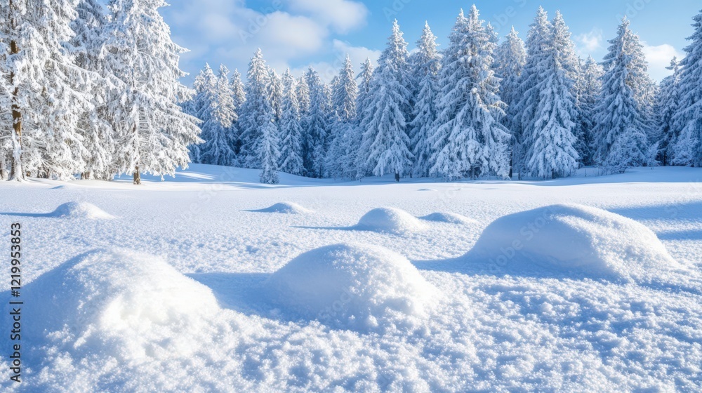 A snowy field with trees in the background A snowy field with trees in the background
