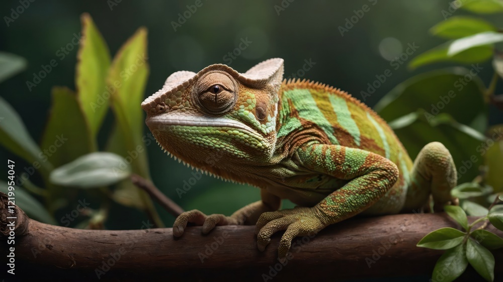 Fototapeta premium Colorful chameleon perched on a branch amidst lush greenery, showcasing its vibrant patterns