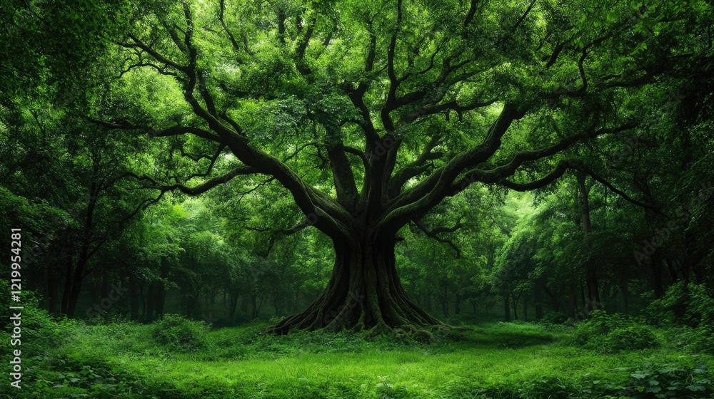 Majestic banyan tree with cascading roots and a vibrant forest backdrop creating a mystical and serene atmosphere in the lush verdant landscape Majestic banyan tree with cascading roots and a vibrant forest backdrop creating a mystical and serene atmosphere in the lush verdant landscape