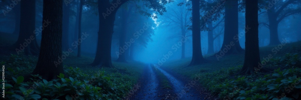 Naklejka premium Misty forest trail winding through trees, blue path disappearing into darkness, pathway, twilight, woods