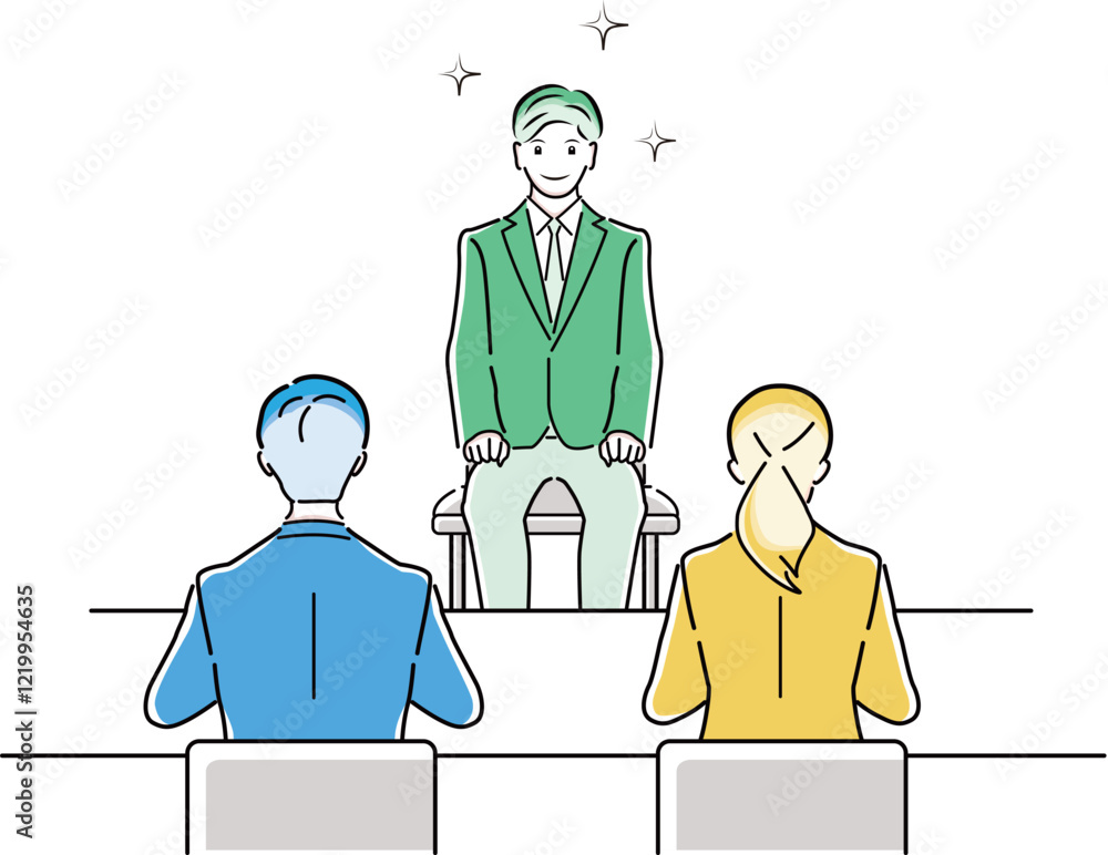 面接を受ける就職活動中の男性と面接官のイラスト 面接を受ける就職活動中の男性と面接官のイラスト