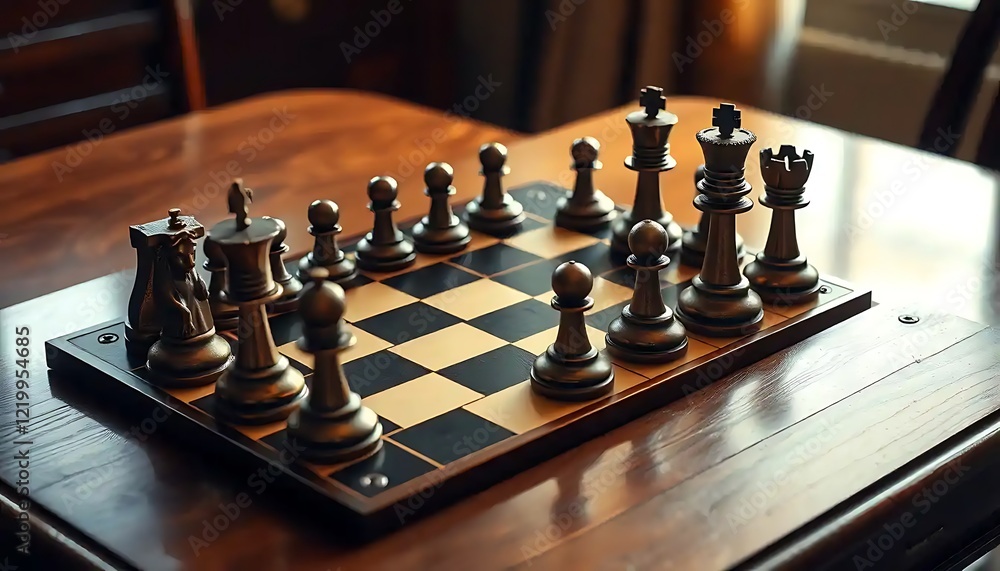 A Dark Chessboard Game In Progress With Pieces