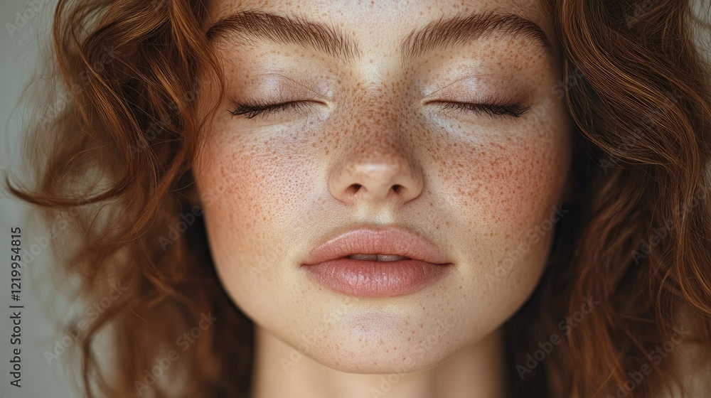 Freckled redhead, eyes closed, serene face, studio, beauty Freckled redhead, eyes closed, serene face, studio, beauty