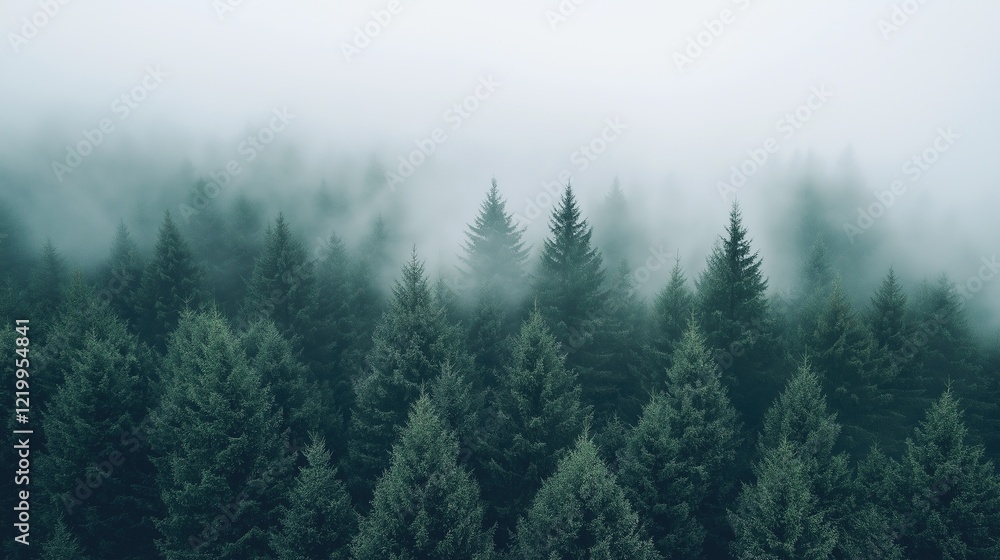 Fototapeta premium A forest with trees covered in fog
