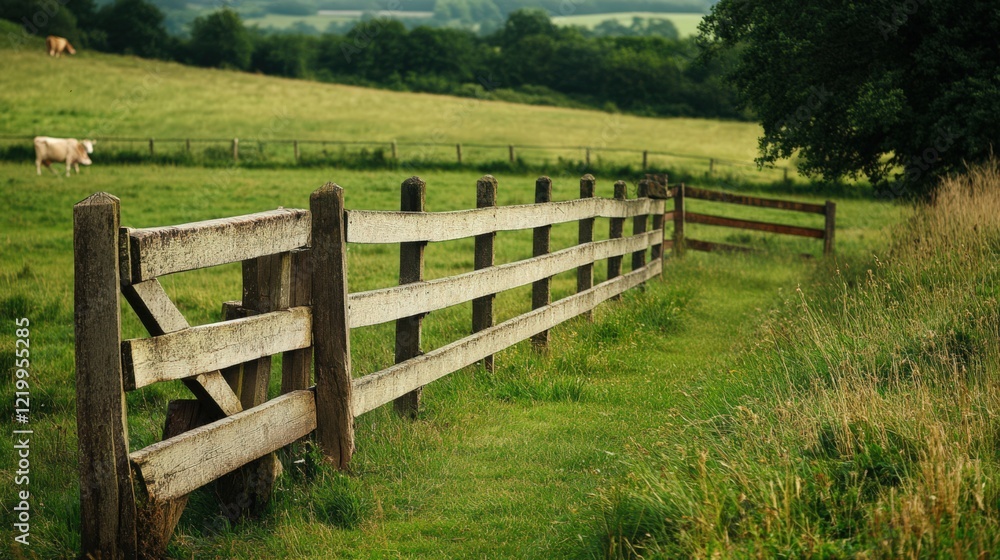 A wooden fence with a gate in the middle of a grassy field A wooden fence with a gate in the middle of a grassy field