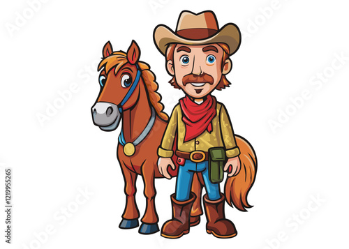 cowboy with horse isolated black outline vector illustration, transparent background