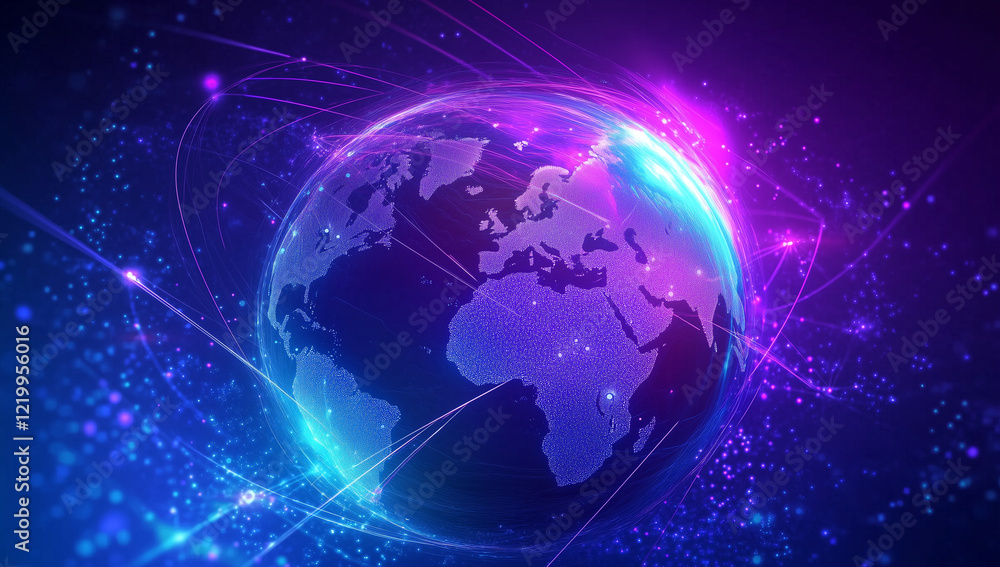 A purple and blue gradient background with the Earth on it, digital lines of light around the globe, and data visualization in a black space. A purple and blue gradient background with the Earth on it, digital lines of light around the globe, and data visualization in a black space.