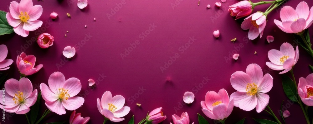 Dainty pink spring flowers arrange themselves around a deep plum colored tablecloth in perfect symmetry, floral, garden, flowers Dainty pink spring flowers arrange themselves around a deep plum colored tablecloth in perfect symmetry, floral, garden, flowers