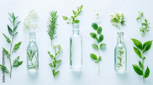Arrangement of various green herbs in glass bottles on a light background showcasing freshness