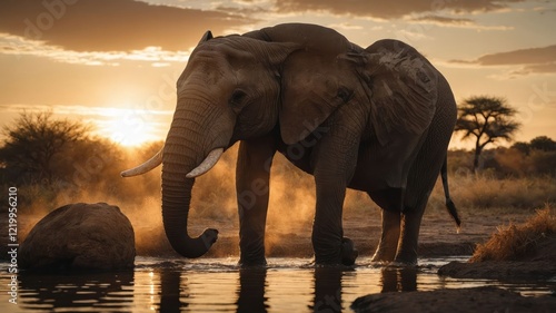 Majestic elephant drinking at sunset near a waterhole, surrounded by serene savannah landscape photo