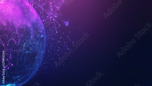 A purple and blue gradient background with the Earth on it, digital lines of light around the globe, and data visualization in a black space.