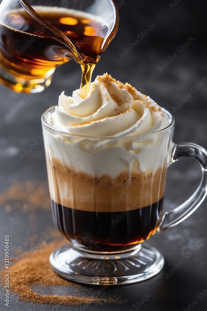 A glass of layered coffee topped with whipped cream and a sprinkle of cinnamon. A glass of layered coffee topped with whipped cream and a sprinkle of cinnamon.