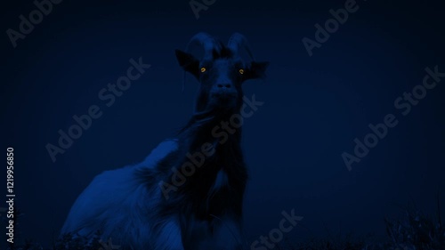Scary Goat With Glowing Eyes At Night