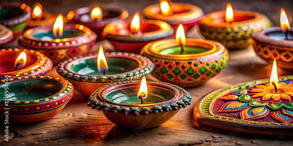 Fototapeta premium Handmade Clay Puja Jars, Diyas & Batis for Diwali Decoration