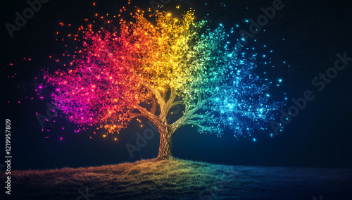 A vibrant tree of life with neon lights, illuminating the night sky in an array of colors and creating a mesmerizing display that captures attention