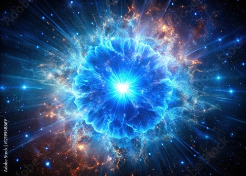 Macro Cosmic Explosion: Vibrant Blue Nebula with Bright Core Against Starry Night