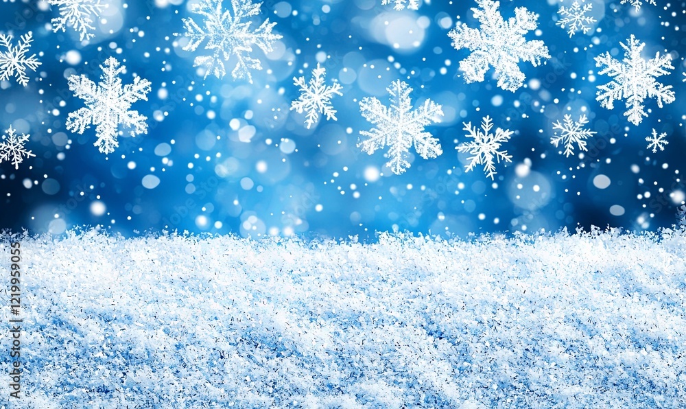 Snowflakes falling on a snow-covered field against a blurred blue background, perfect for winter holiday designs Snowflakes falling on a snow-covered field against a blurred blue background, perfect for winter holiday designs