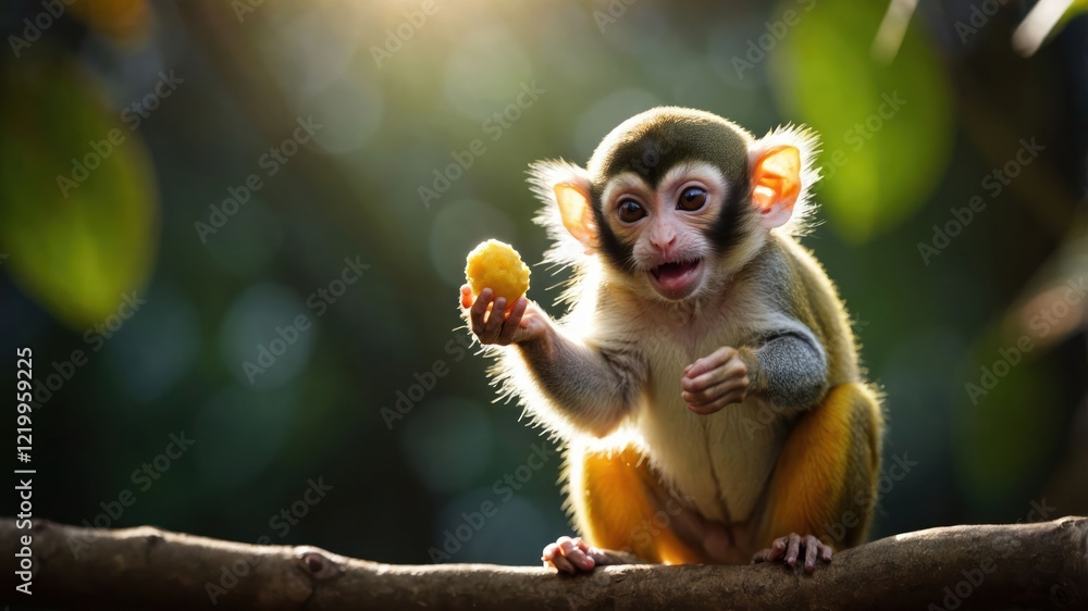 Obraz premium Playful monkey holding a fruit in a lush forest, sunlight filtering through leaves