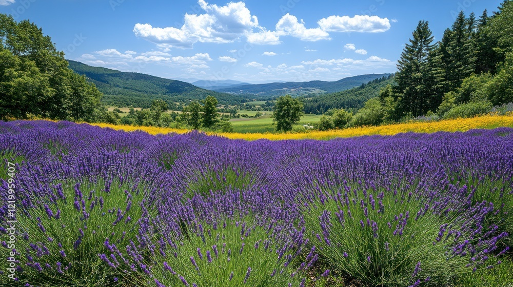 Fototapeta premium Vibrant lavender field with scenic landscape view.